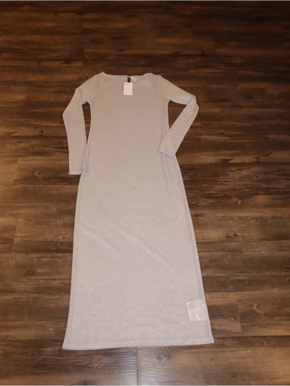 NWT Sparkle Sheer Long Sleeve Maxi Dress in Light Silver size small